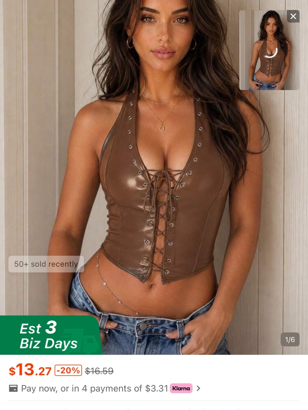 SHEIN Brown Lace-Up Faux Leather Halter Camisole